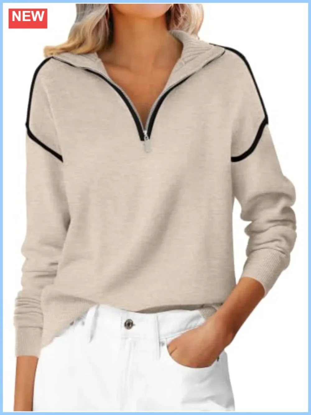 ANRABESS Women's Quarter Zip Knit V-Neck Collared Pullover Sweater